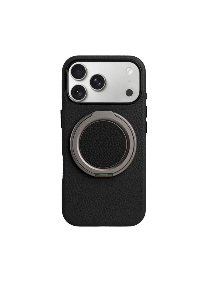 A-CASE Amur 2-in-1 Genuine Leather Phone Case for iPhone 17 Pro Max with Rotating Metal Grip & Kickstand – MagSafe Compatible, Slim & Durable Protection – Black - Image 1