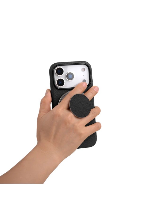 A-CASE Amur 2-in-1 Genuine Leather Phone Case for iPhone 17 Pro Max with Rotating Metal Grip & Kickstand – MagSafe Compatible, Slim & Durable Protection – Black - Image 4