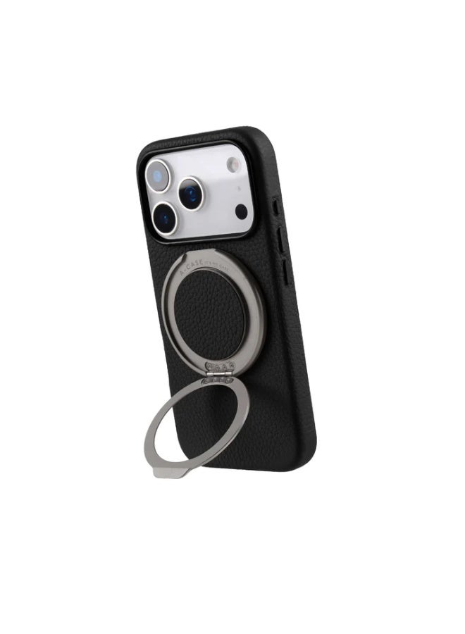 A-CASE Amur 2-in-1 Genuine Leather Phone Case for iPhone 17 Pro Max with Rotating Metal Grip & Kickstand – MagSafe Compatible, Slim & Durable Protection – Black - Image 3