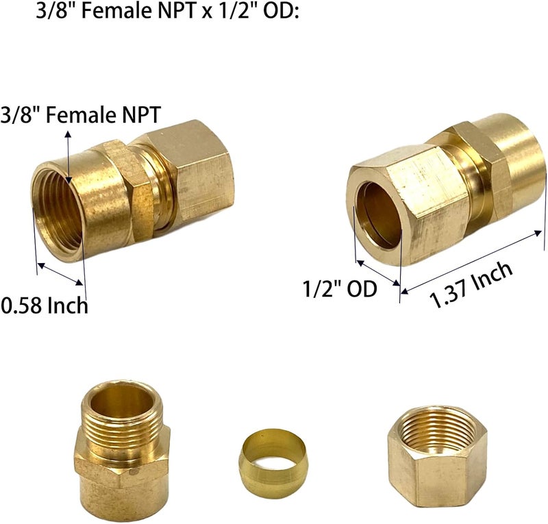 Bumugufu 4 قطع 1/2" أنبوب OD إلى 3/8" FNPT تركيبات أنابيب نحاسية مضغوطة، موصل اتحاد مضغوط 3/8" أنثوي NPT x 1/2" OD للزيوت والغازات والمياه غير الصالحة للشرب - Image 2
