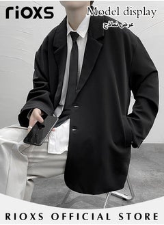 RIOXS Men's 3 Pieces Fashion Loose Blazer Suit Two Buttons Loose Blazer Jacket & Long Straight Blazer Pants & Long Sleeve White Shirt & Black Tier for  Prom Fashion Party or Daily Wear  - Image 2