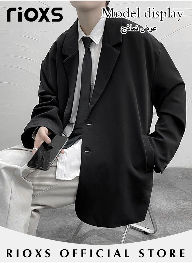 RIOXS Men's 3 Pieces Fashion Loose Blazer Suit Two Buttons Loose Blazer Jacket & Long Straight Blazer Pants & Long Sleeve White Shirt & Black Tier for  Prom Fashion Party or Daily Wear  - Image 2