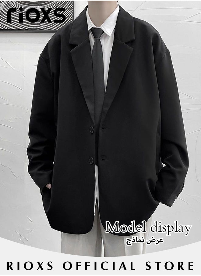 RIOXS Men's 3 Pieces Fashion Loose Blazer Suit Two Buttons Loose Blazer Jacket & Long Straight Blazer Pants & Long Sleeve White Shirt & Black Tier for  Prom Fashion Party or Daily Wear  - Image 3