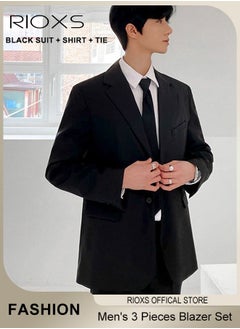 RIOXS Men's 3 Pieces Fashion Loose Blazer Suit Two Buttons Loose Blazer Jacket & Long Straight Blazer Pants & Long Sleeve White Shirt & Black Tier for  Prom Fashion Party or Daily Wear  - Image 1