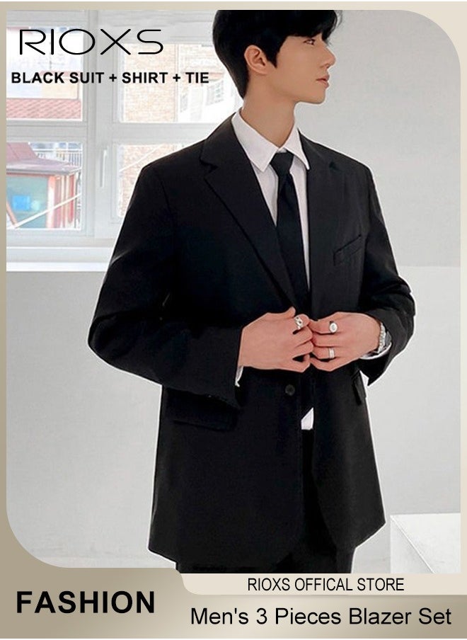 RIOXS Men's 3 Pieces Fashion Loose Blazer Suit Two Buttons Loose Blazer Jacket & Long Straight Blazer Pants & Long Sleeve White Shirt & Black Tier for  Prom Fashion Party or Daily Wear  - Image 1