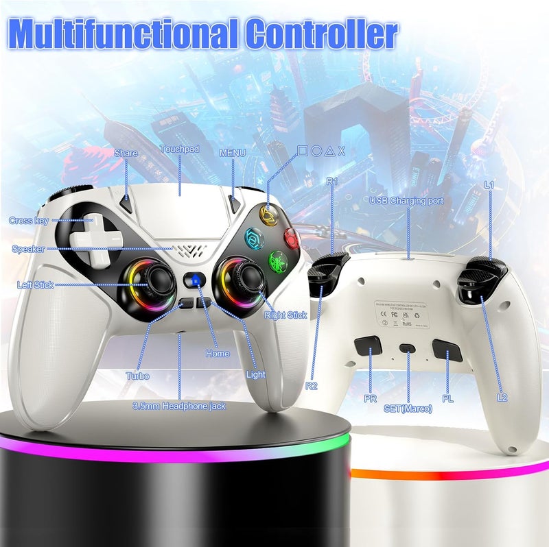 Gamrombo وحدة تحكم لاسلكية LED من لـ PS5، متوافقة مع PS5 Pro/Slim/PC، اهتزاز مزدوج، وظيفة ماكرو/توربو، مقبس صوت 3.5 مم، مقبض تحكم بحركة 6 محاور مع مكبر صوت (أبيض) - Image 3