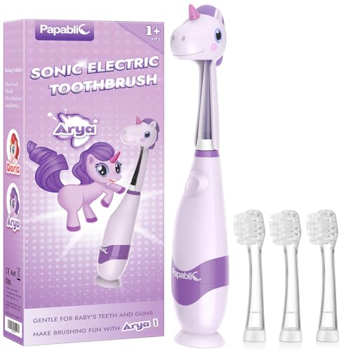 Papablic Toddler Sonic Electric Toothbrush Kids for Ages 1-3 Years, Baby Electric Toothbrush with Cute Unicorn Cover and Smart LED Timer, 4 Brush Heads (Arya) - Image 1