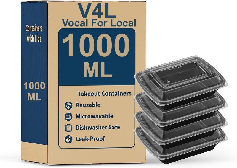 V4L Black Takeout Food Containers Food Storage Containers With Lids Freezer Safe | Meal Prep | Microwavable Dishwasher | Leakproof | BPA Free (1000ml Pack of 10) - Image 1