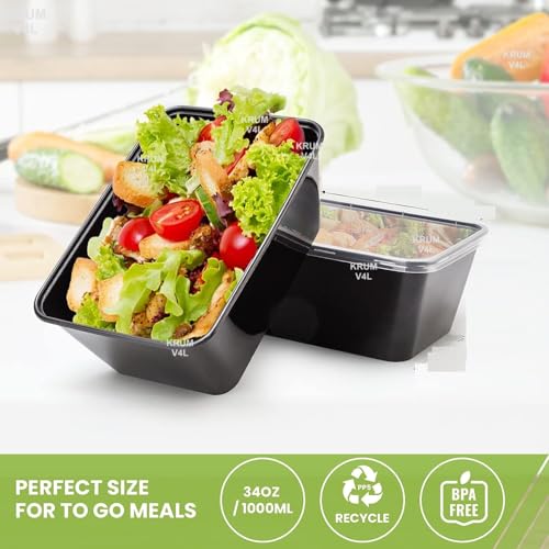 V4L Black Takeout Food Containers Food Storage Containers With Lids Freezer Safe | Meal Prep | Microwavable Dishwasher | Leakproof | BPA Free (1000ml Pack of 10) - Image 4