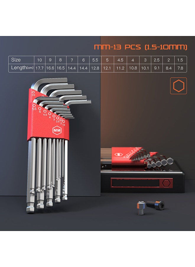 Allen Wrench Set 35 Piece Hex Key Set Metric Allen Key Set S2 Steel And CRV SAE 3/64-3/8 inch / MM 1.5-10mm / TORX T10-T50, Long Arm Ball End Allen Wrenches Sets Bonus Free Strength Helping T-Handle