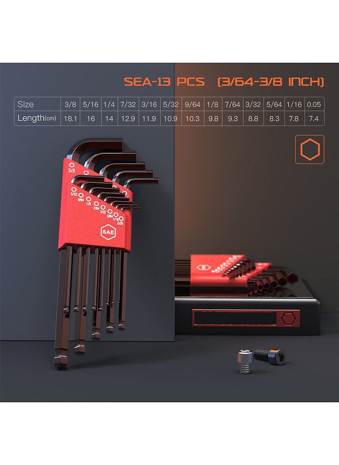 Allen Wrench Set 35 Piece Hex Key Set Metric Allen Key Set S2 Steel And CRV SAE 3/64-3/8 inch / MM 1.5-10mm / TORX T10-T50, Long Arm Ball End Allen Wrenches Sets Bonus Free Strength Helping T-Handle
