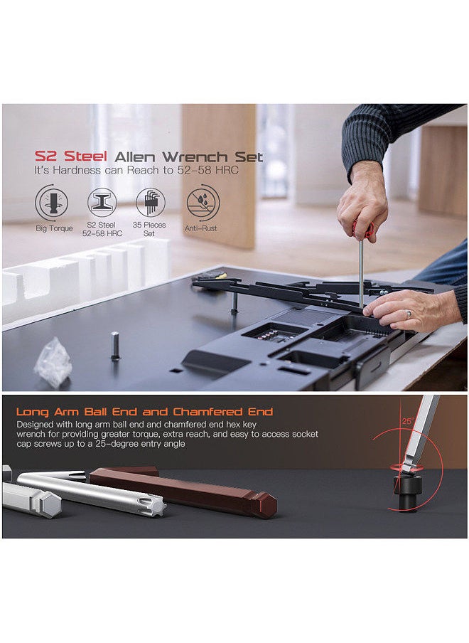Allen Wrench Set 35 Piece Hex Key Set Metric Allen Key Set S2 Steel And CRV SAE 3/64-3/8 inch / MM 1.5-10mm / TORX T10-T50, Long Arm Ball End Allen Wrenches Sets Bonus Free Strength Helping T-Handle