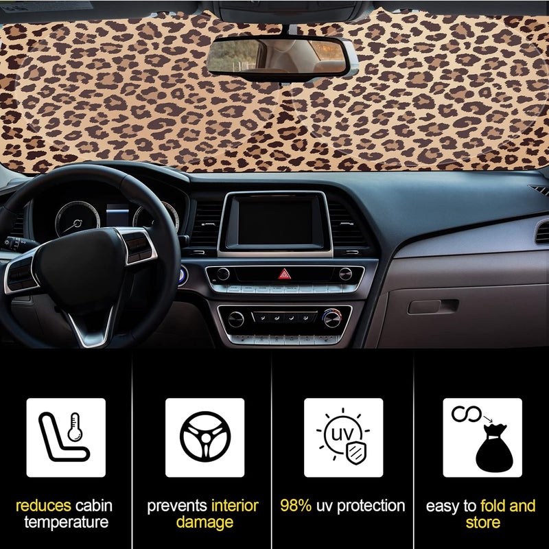 Woanger Leopard Print Windshield Sun Shade Foldable Car Front Window Covers for Car Accessories Sun Heat UV Rays Visor Protection for Universal Cars SUV Truck - Image 4