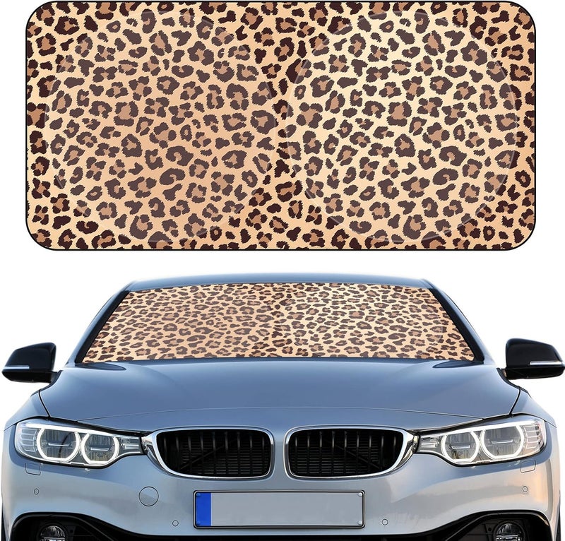 Woanger Leopard Print Windshield Sun Shade Foldable Car Front Window Covers for Car Accessories Sun Heat UV Rays Visor Protection for Universal Cars SUV Truck - Image 1