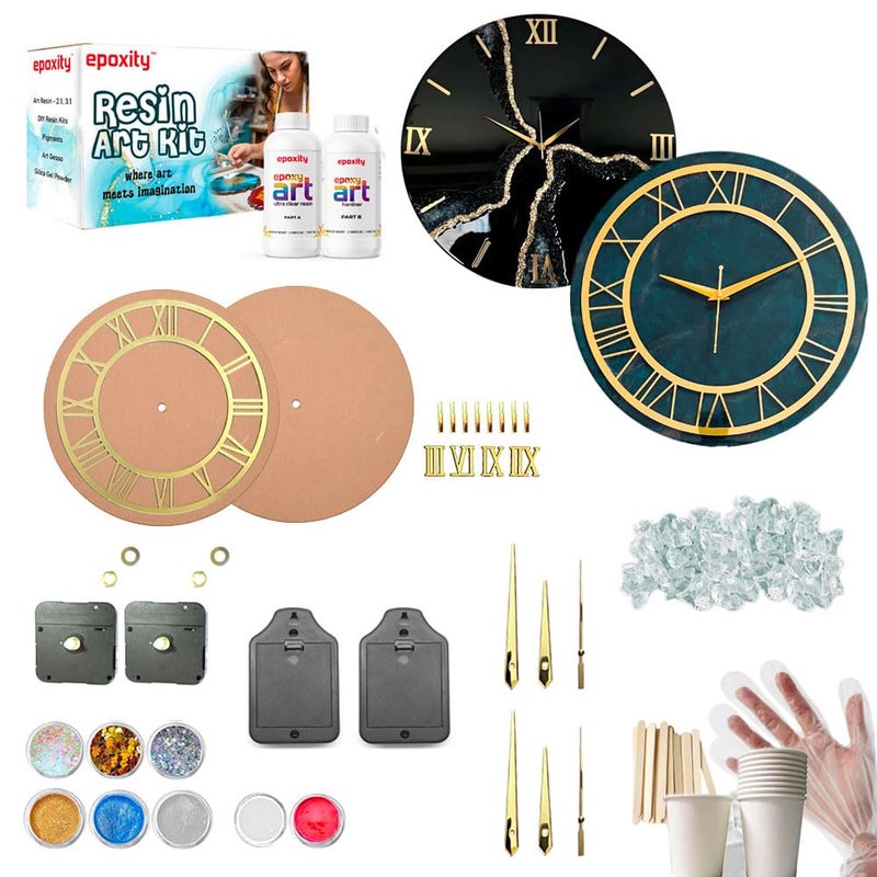 Epoxity Epoxity Resin Art kit for Wall Clock Making with 21 Raisin 300 GMS Resin 12 MDF with Acrylic Roman Ring Material for 2 Clocks 