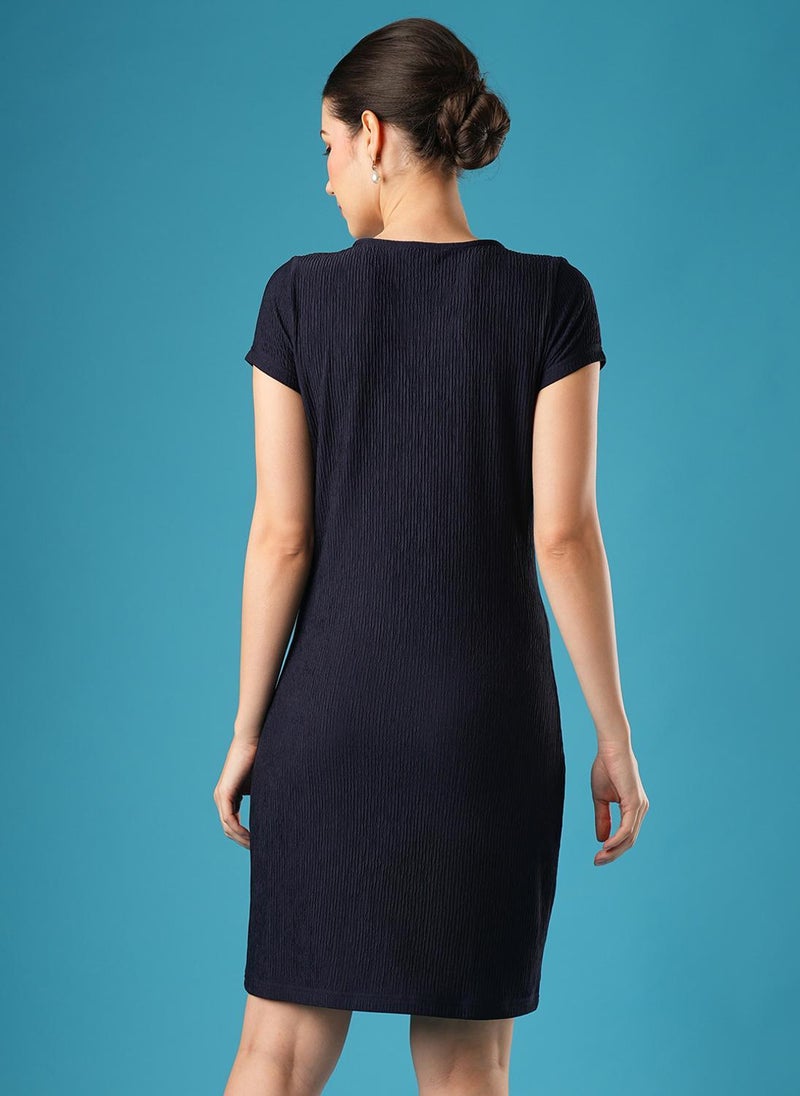 Globus Women's Dark Navy Casual Dress with Round Neck and Self Design - Image 4