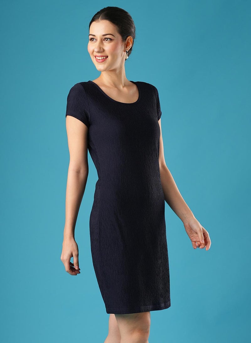 Globus Women's Dark Navy Casual Dress with Round Neck and Self Design - Image 3