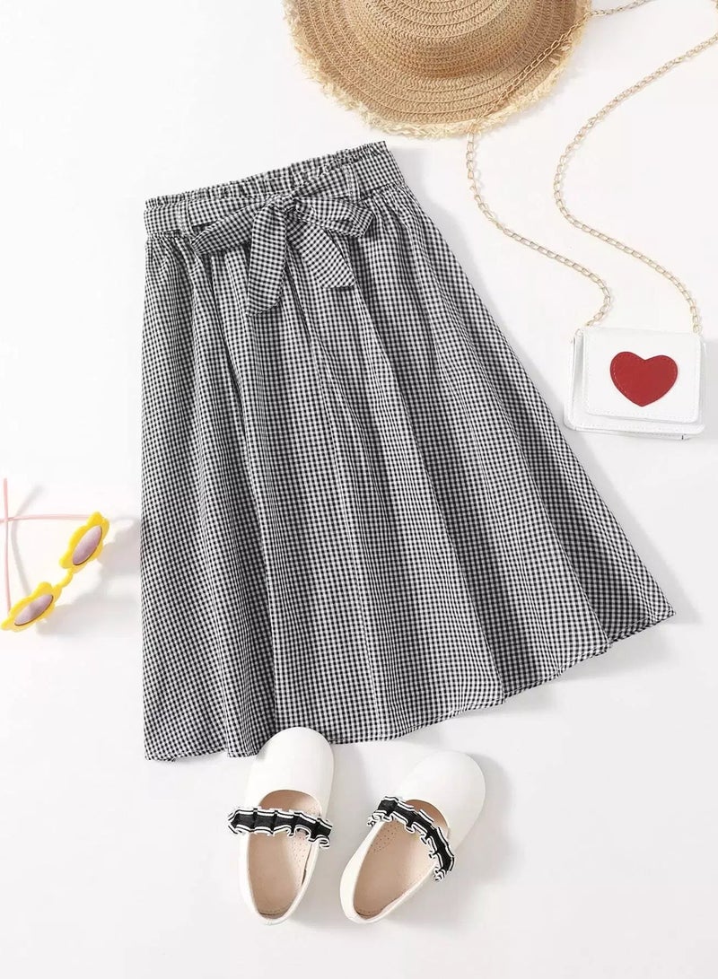 Girls Gingham Print Belted Skirt  - Image 1