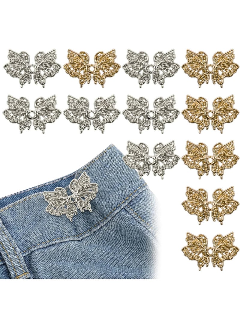 Zikra Adjustable Jeans Butterfly Buttons, 12 Pairs Butterfly Pants Button Jean Buttons, No Sewing Detachable, Waist Body Fit Tighten Buckles, Nail-Free Tightener Pant Button Waist, gold and silver - Image 1