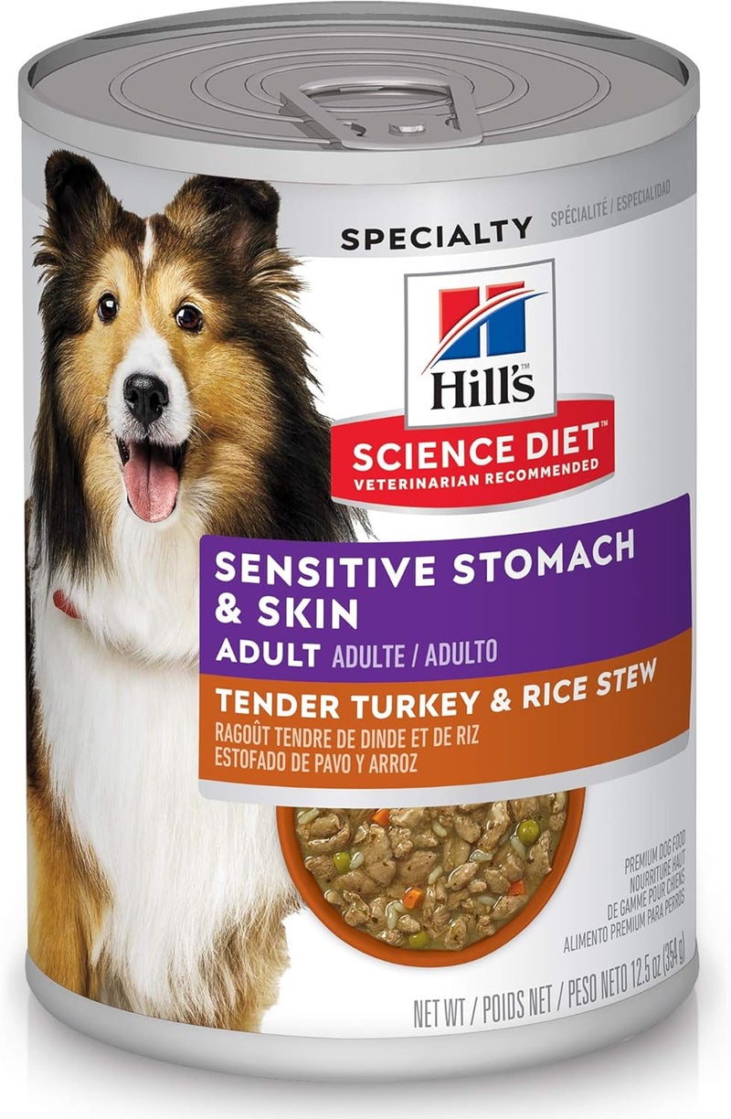 Hills Science Diet Wet Dog Food Adult Sensitive Stomach  Skin Tender Turkey  Rice Stew 125 Oz Cans Pack of 12 - Image 1