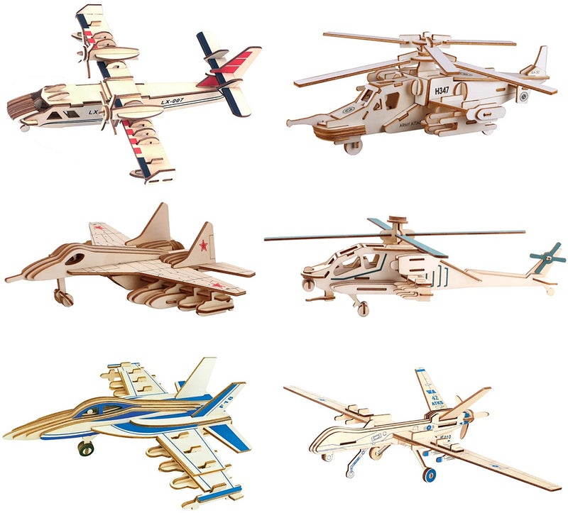 i-CHONY 3D Wooden Puzzle  6 Piece Set Aircraft  Helicopter Wooden Crafts Assembly Building Model Kits  Wood Aircraft  Helicopter STEM DIY Brain Teaser Puzzle for Adults  Teens Christmas Birthday Gifts - Image 2