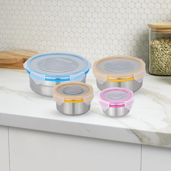 STEELLOCK Stainless Steel Airtight Container| Leak Proof Tiffin Lunch & Storage Boxes | SL-1101-1201-1301-1401-set of 4, 150ml, 280ml, 450ml & 750ml each, Multicolor - Image 2