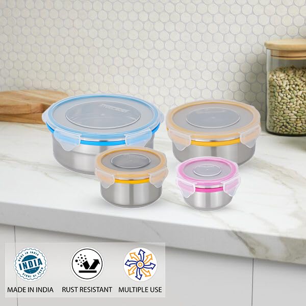 STEELLOCK Stainless Steel Airtight Container| Leak Proof Tiffin Lunch & Storage Boxes | SL-1101-1201-1301-1401-set of 4, 150ml, 280ml, 450ml & 750ml each, Multicolor - Image 4