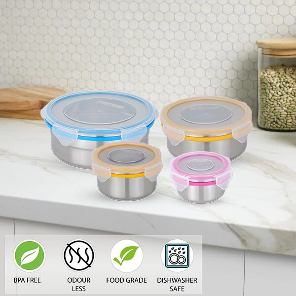STEELLOCK Stainless Steel Airtight Container| Leak Proof Tiffin Lunch & Storage Boxes | SL-1101-1201-1301-1401-set of 4, 150ml, 280ml, 450ml & 750ml each, Multicolor - Image 3