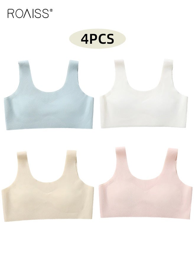 roaiss Girls' 4 Pack Sports Bra with Breathable Removable Pads, Teens Pull-on Training Bras with U-shaped Collar, Ideal for Developing Teens - Image 1
