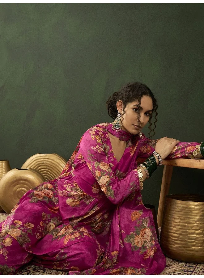 AKS Floral Printed Long Sleeves Regular Kurta With Palazzos & Dupatta