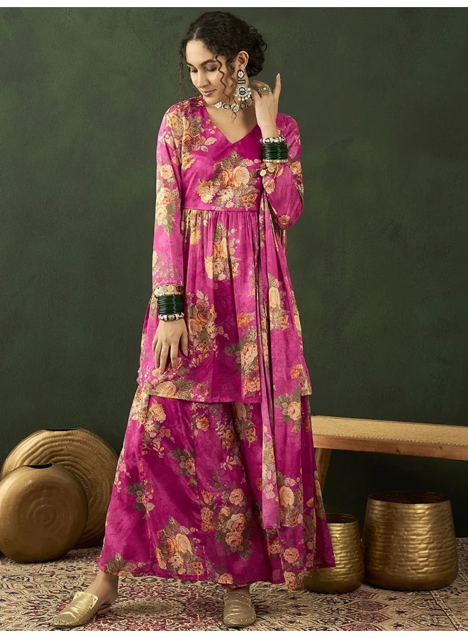 AKS Floral Printed Long Sleeves Regular Kurta With Palazzos & Dupatta