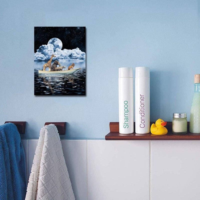 Paimuni Peaceful Scene Pictures Animals Boating Dark Blue Ocean Sea Moon Night Modern Canvas Prints Ready to Hang Wall Art -12x16in - Image 2