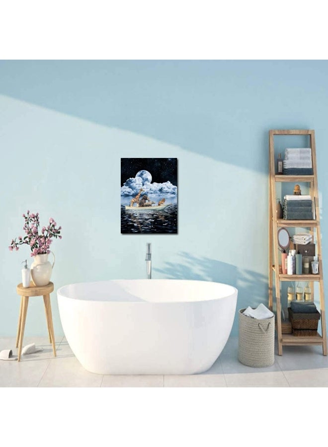 Paimuni Peaceful Scene Pictures Animals Boating Dark Blue Ocean Sea Moon Night Modern Canvas Prints Ready to Hang Wall Art -12x16in - Image 4