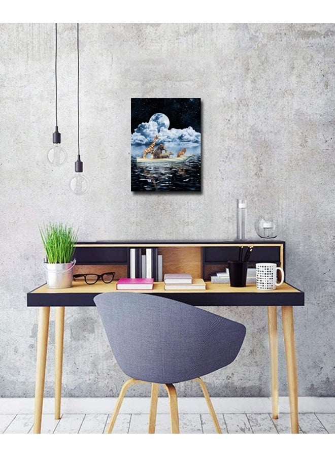 Paimuni Peaceful Scene Pictures Animals Boating Dark Blue Ocean Sea Moon Night Modern Canvas Prints Ready to Hang Wall Art -12x16in - Image 3