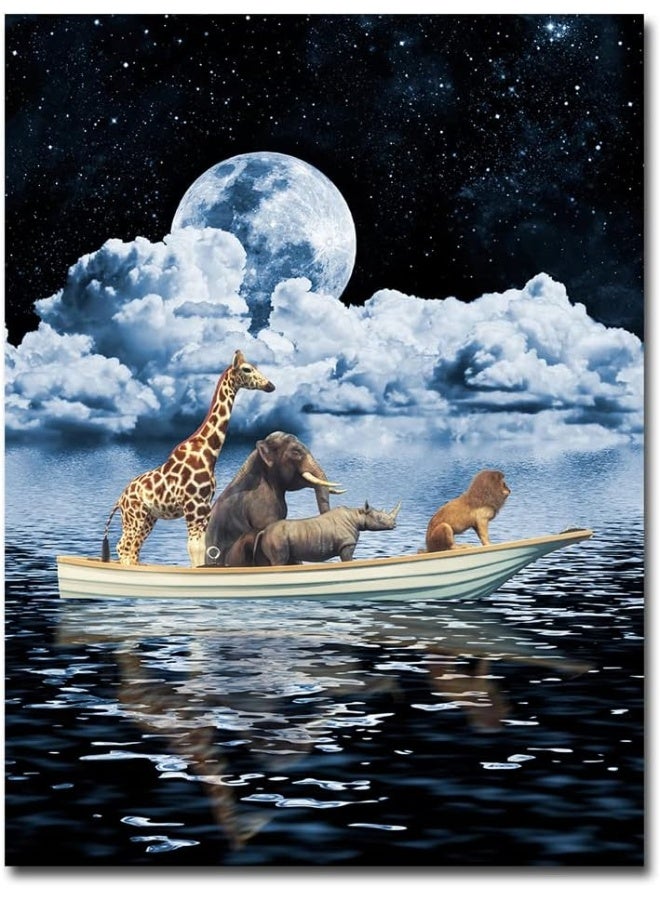 Paimuni Peaceful Scene Pictures Animals Boating Dark Blue Ocean Sea Moon Night Modern Canvas Prints Ready to Hang Wall Art -12x16in - Image 1