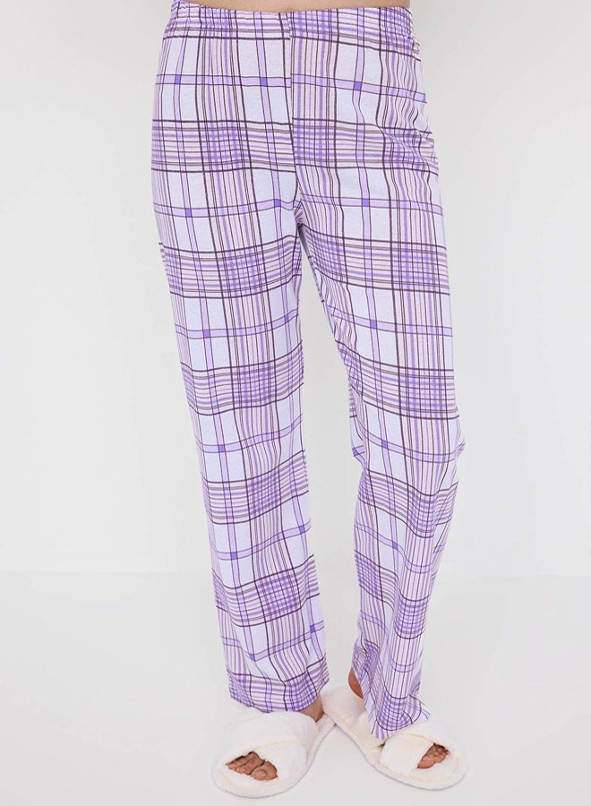 trendyol Teen Lilac Plaid Cat and Slogan Printed Knitted Pajamas Set - Image 3