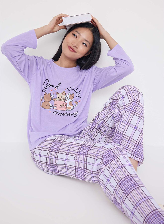 trendyol Teen Lilac Plaid Cat and Slogan Printed Knitted Pajamas Set - Image 1