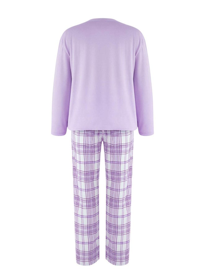 trendyol Teen Lilac Plaid Cat and Slogan Printed Knitted Pajamas Set - Image 5