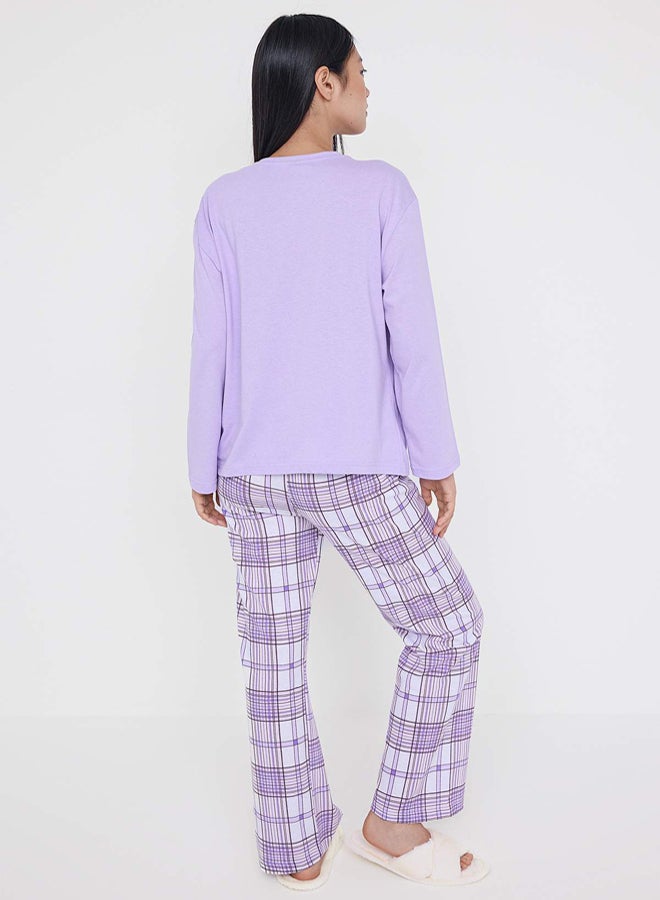 trendyol Teen Lilac Plaid Cat and Slogan Printed Knitted Pajamas Set - Image 4