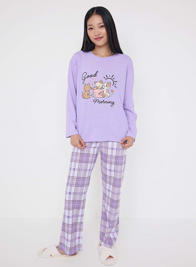 trendyol Teen Lilac Plaid Cat and Slogan Printed Knitted Pajamas Set - Image 2