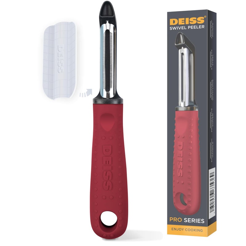 Deiss PRO Premium Swivel Vegetable Peeler Sharp Stainless Steel Peeler With Easy NonSlip Hand Grip Potato Peelers For Kitchen Fruit Carrot Apple Veggie Kiwi Durable Dishwasher Safe RED