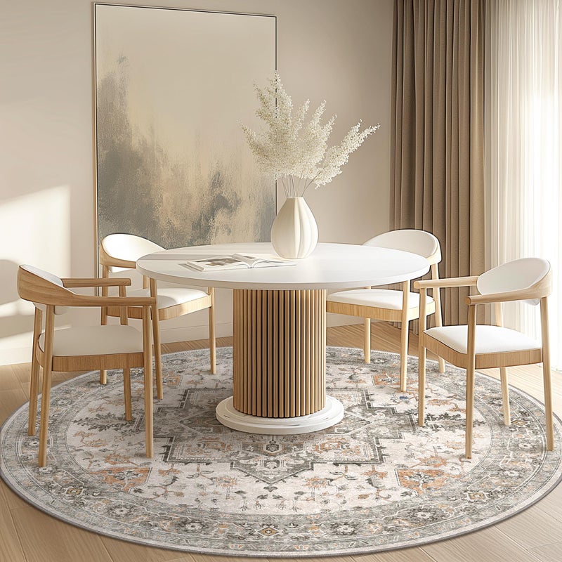 GENIMO 5FT Round Area Rugs for Living Room, Circle Rugs Machine Washable Low Pile, Chenille Non Slip Vintage Rug for Bedroom, Dining Room, Home Office, Light Taupe Brown - Image 2