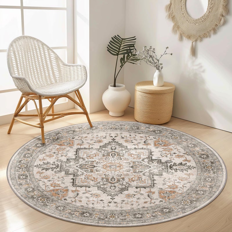 GENIMO 5FT Round Area Rugs for Living Room, Circle Rugs Machine Washable Low Pile, Chenille Non Slip Vintage Rug for Bedroom, Dining Room, Home Office, Light Taupe Brown - Image 1