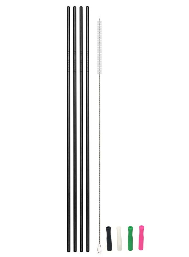 JIEFU 12" Black Color Metal Straws, 4pcs Ultra Long Reusable Straight Stainless Steel Drinking Straws with Silicone Tips and Cleaning Brush - Image 1