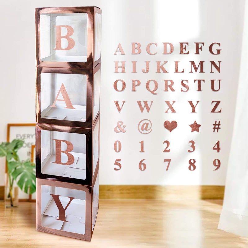 Baby Shower Decoration Boxes Kit 4 pcs Rose Gold Transparent Balloon Boxes with 30 Letters 10 Numbers 5 Symbols Baby Blocks for Baby Shower Gender Reveal Backdrop Birthday Party Decor