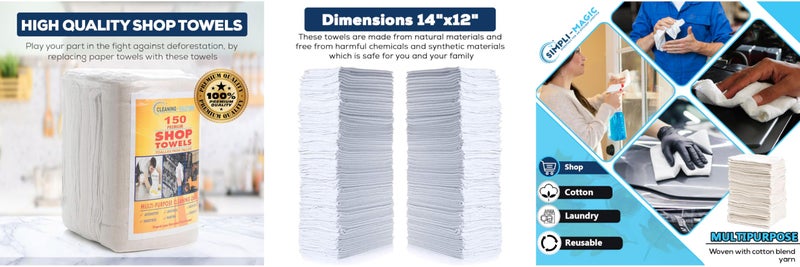 SIMPLI-MAGIC 79142 Shop Towels 14"x12", 150 Count (Pack of 1), Cotton, White - Image 5