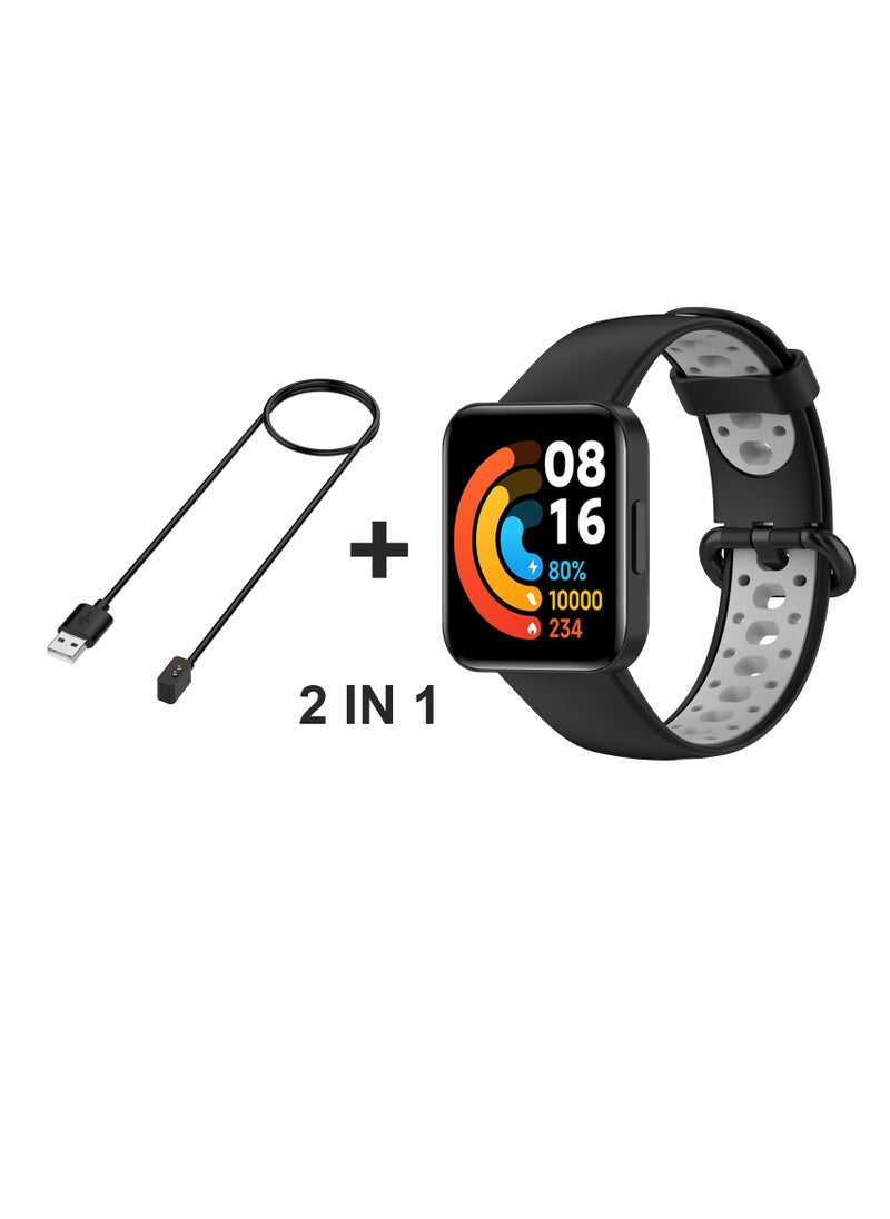 Youque - For Redmi Watch 2 Lite,2 in 1 Silicone Watchband Replacement Bracelet and USB Charger Charging Cable 1M Black - Image 1
