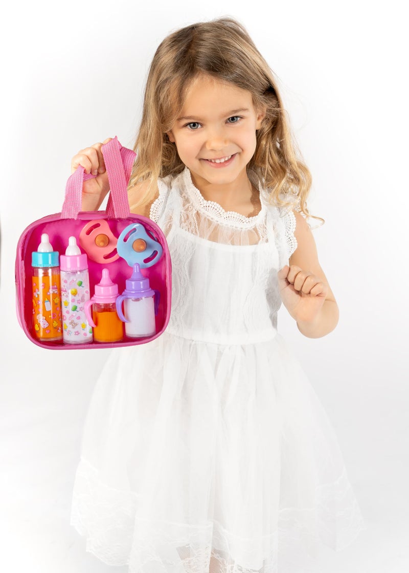 fash n kolor®, My Sweet Baby Disappearing Doll Feeding Set | Baby Care 6 Piece Doll Feeding Set for Toy Stroller | 2 Milk & Juice Bottles with 2 Toy Pacifier for Baby Doll - Image 2