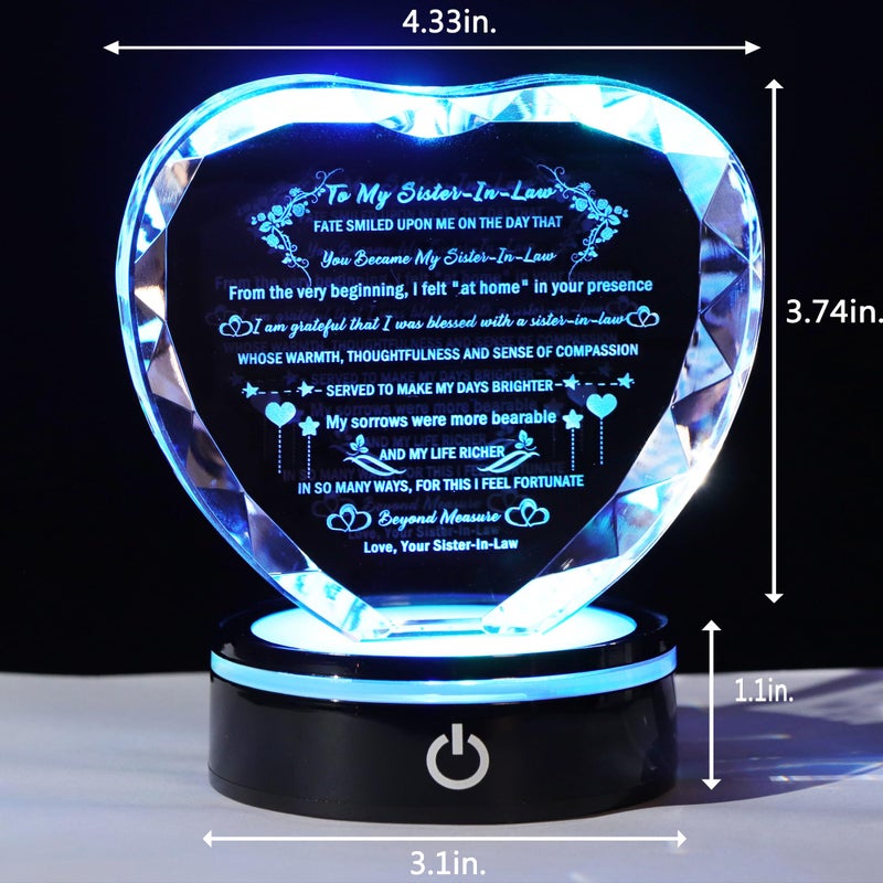 YWHL Sister in Law Gifts with Colorful LED Base Heart Crystal Keepsake for Sister in Law Birthday Gifts Ideas  Unique Christmas Thanksgiving Gifts Unbiological Bonus Sister Wedding Gift - Image 4