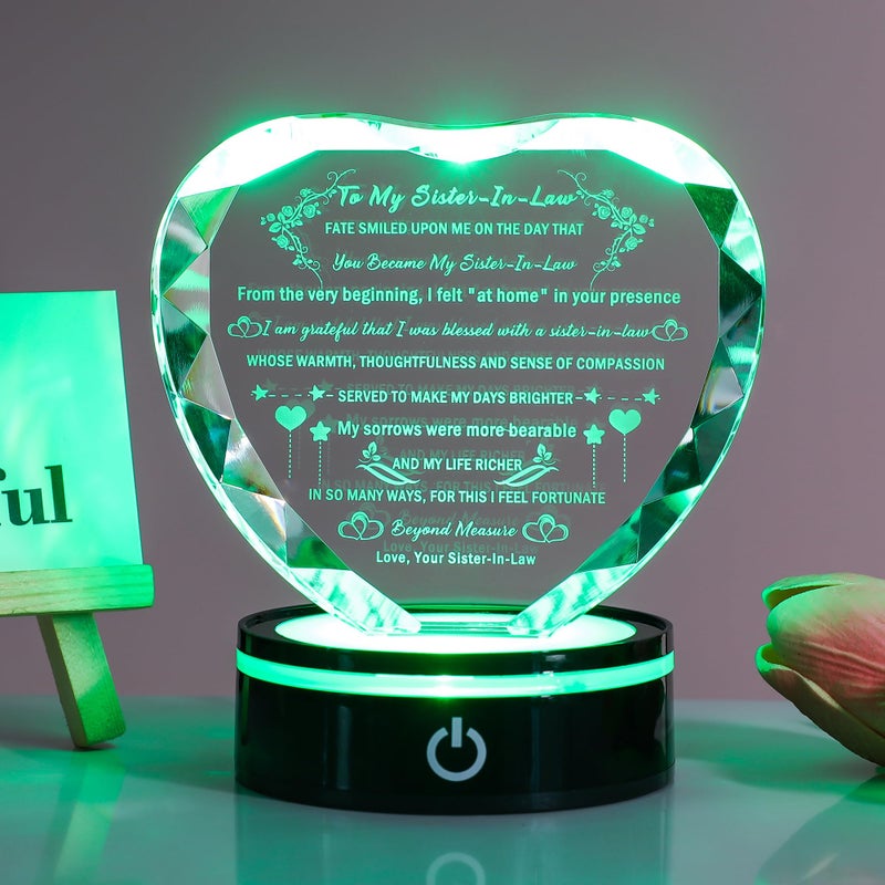YWHL Sister in Law Gifts with Colorful LED Base Heart Crystal Keepsake for Sister in Law Birthday Gifts Ideas  Unique Christmas Thanksgiving Gifts Unbiological Bonus Sister Wedding Gift - Image 3